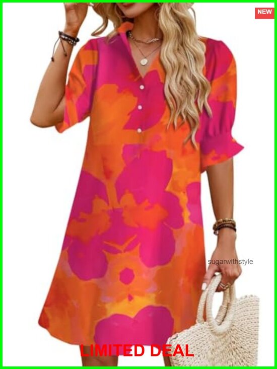 Dresses & Skirts - Women's Summer Shirt Mini Shift Dress Ruffle Sleeve Button Down